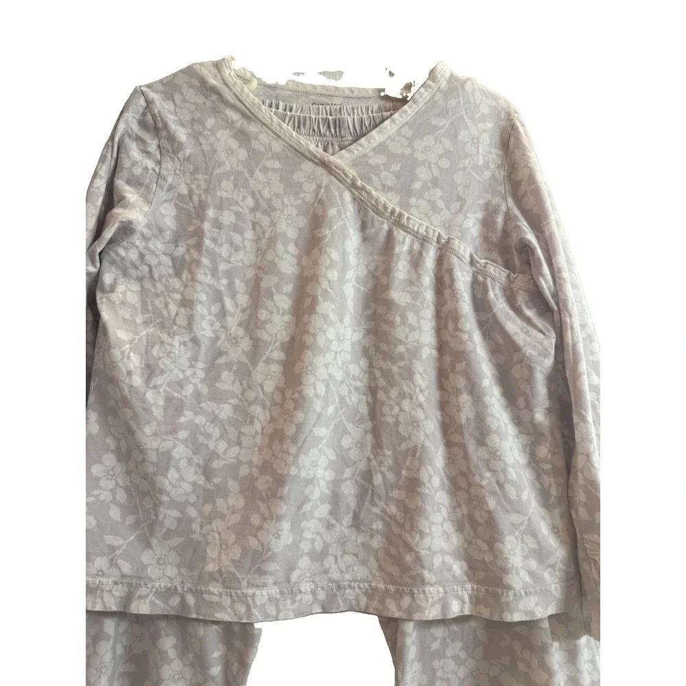Garnet Hill Green Cotton Pajama Set Womens L Grey Floral Faux Wrap Sleepwear 2Pc